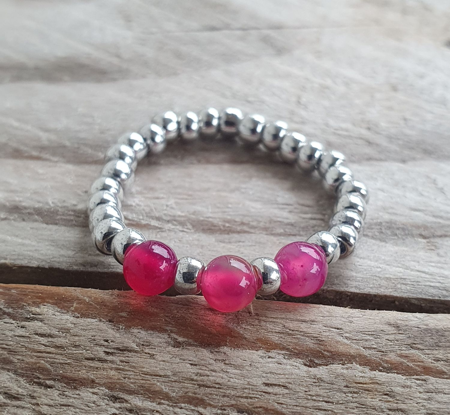 Bague  Extensible Agate Naturelle Rose Fushia 4mm