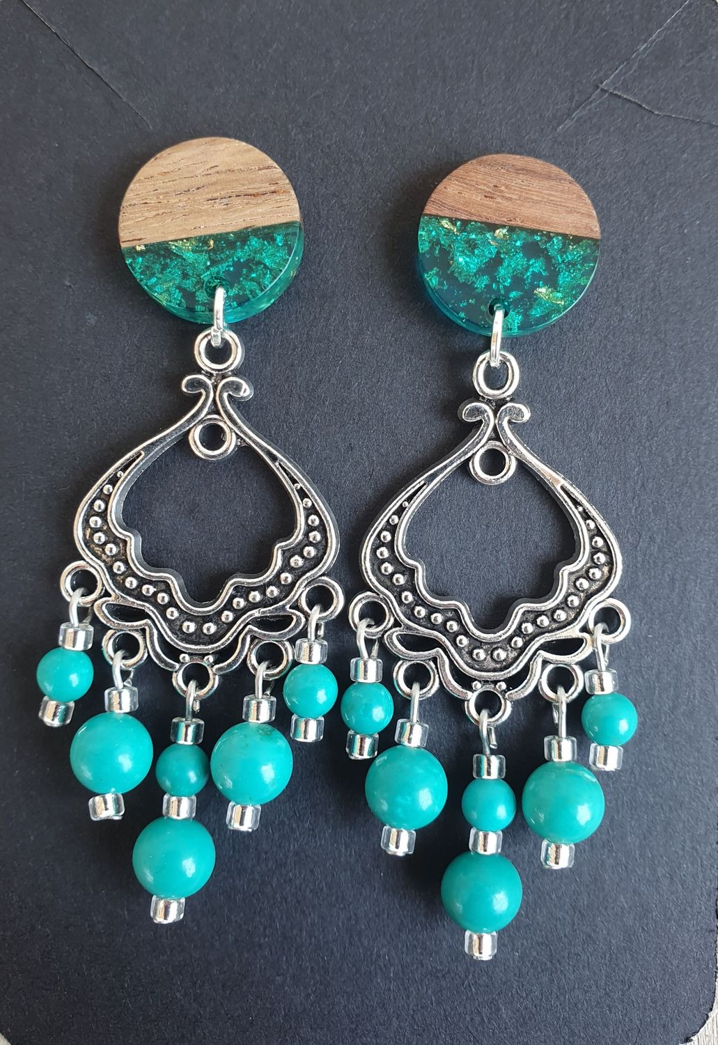 Boucle d oreille Turquoise de chine &amp; attache bois résine turquoise