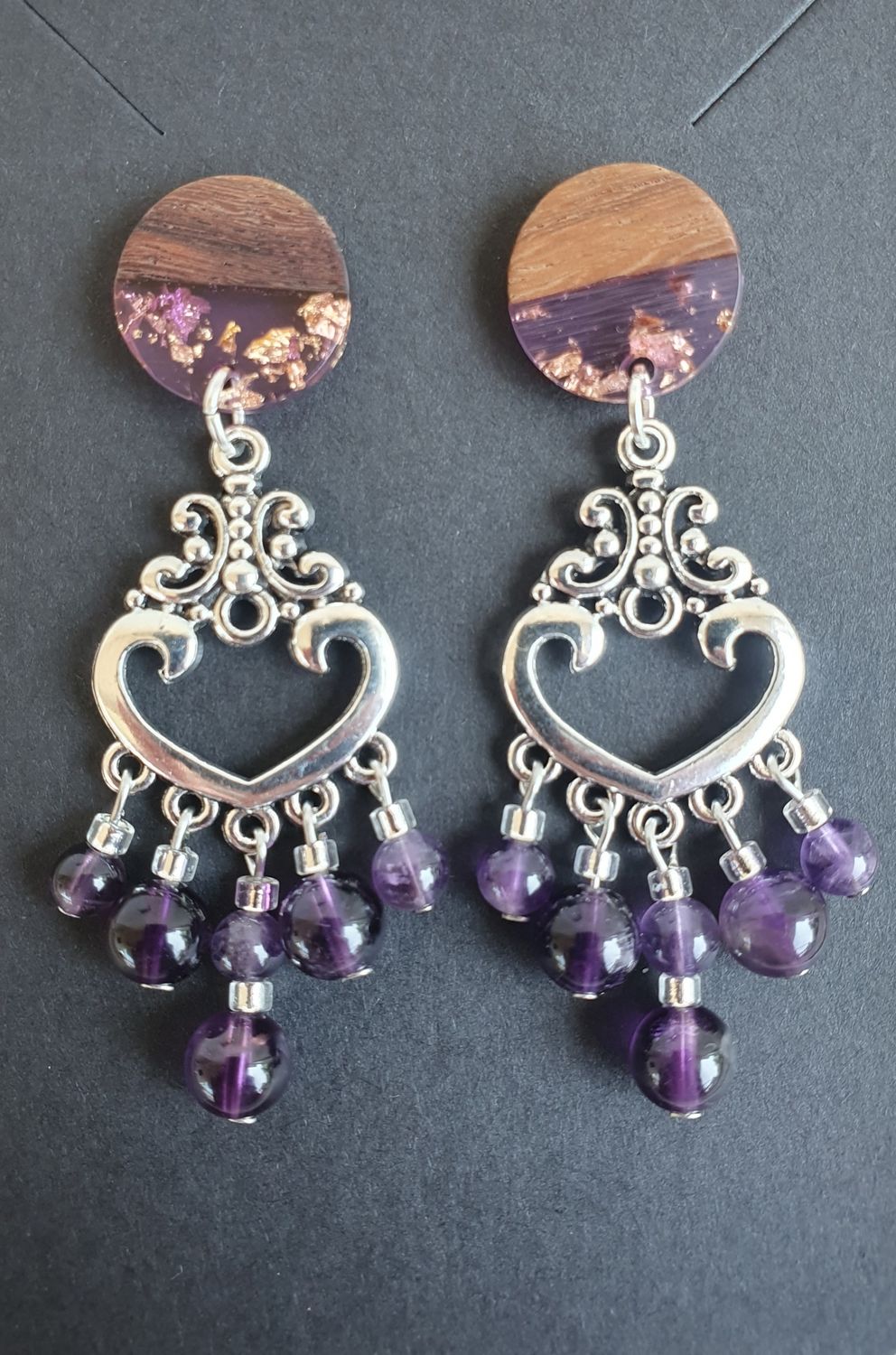 Boucle d oreille Améthyste &amp; attache bois résine Violette