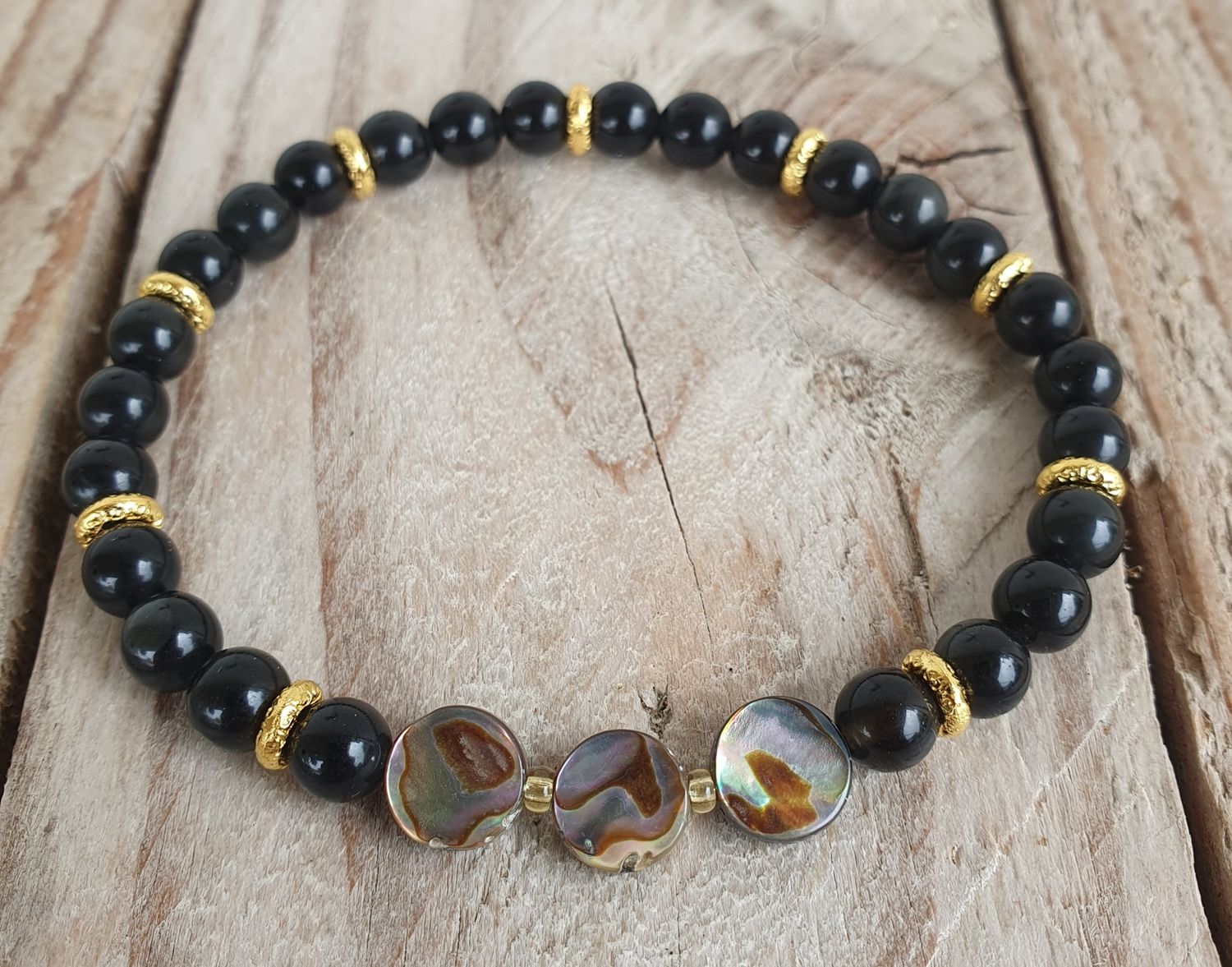 Bracelet Obsidienne noire &amp; Abalone Doré