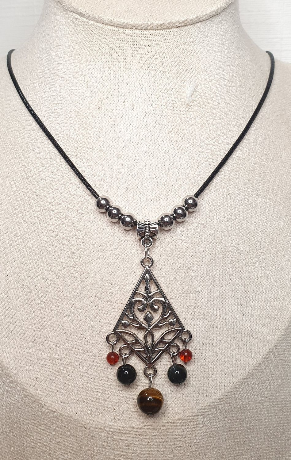 Collier de Protection Oeil de Tigre, Ambre, Obsidienne Noire Doré