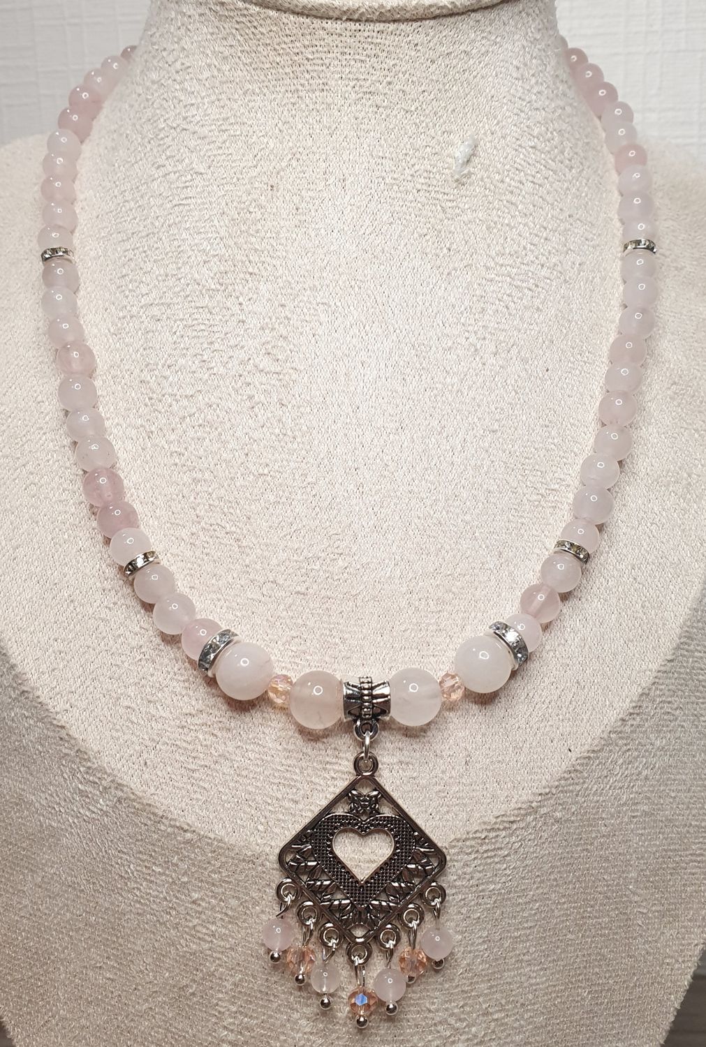 Collier Quartz rose &amp; Perle de Verre Cristal Modèle Unique
