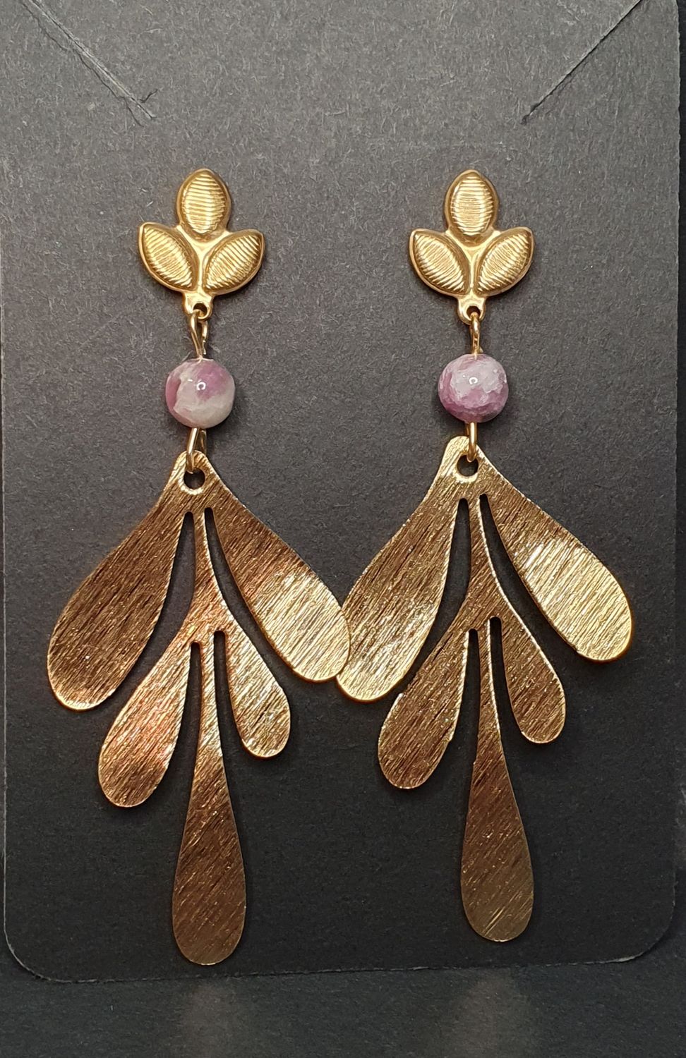 Boucles d'oreilles Lépidolite Feuille Doré