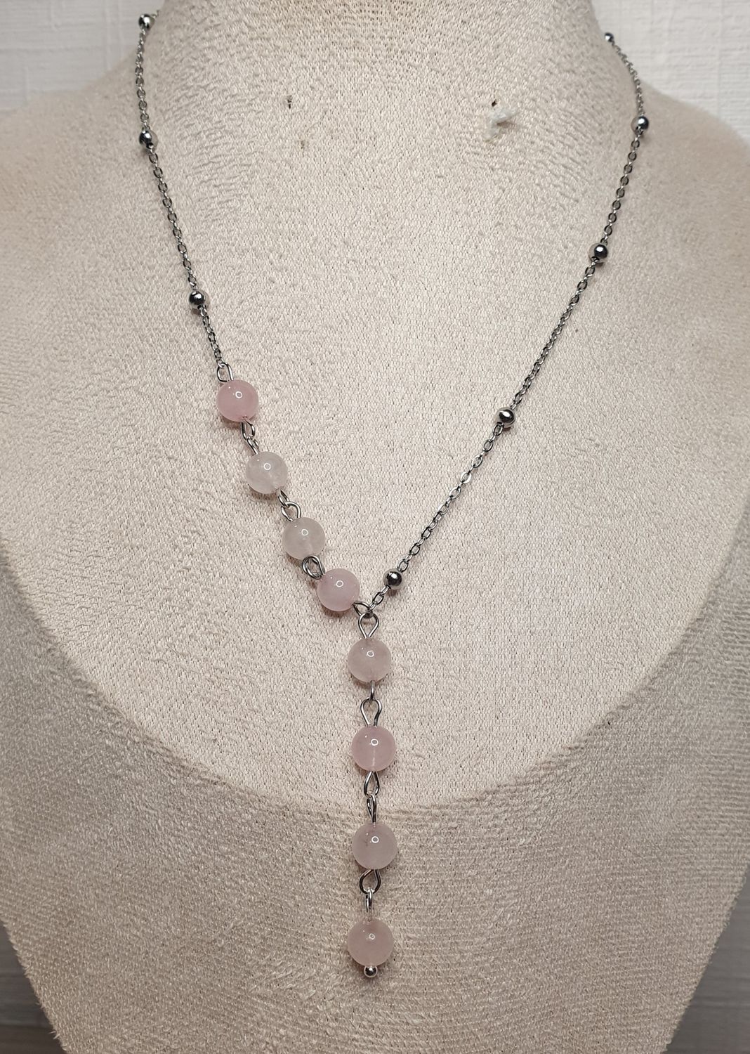 Collier " Glamour " Quartz rose et argenté 