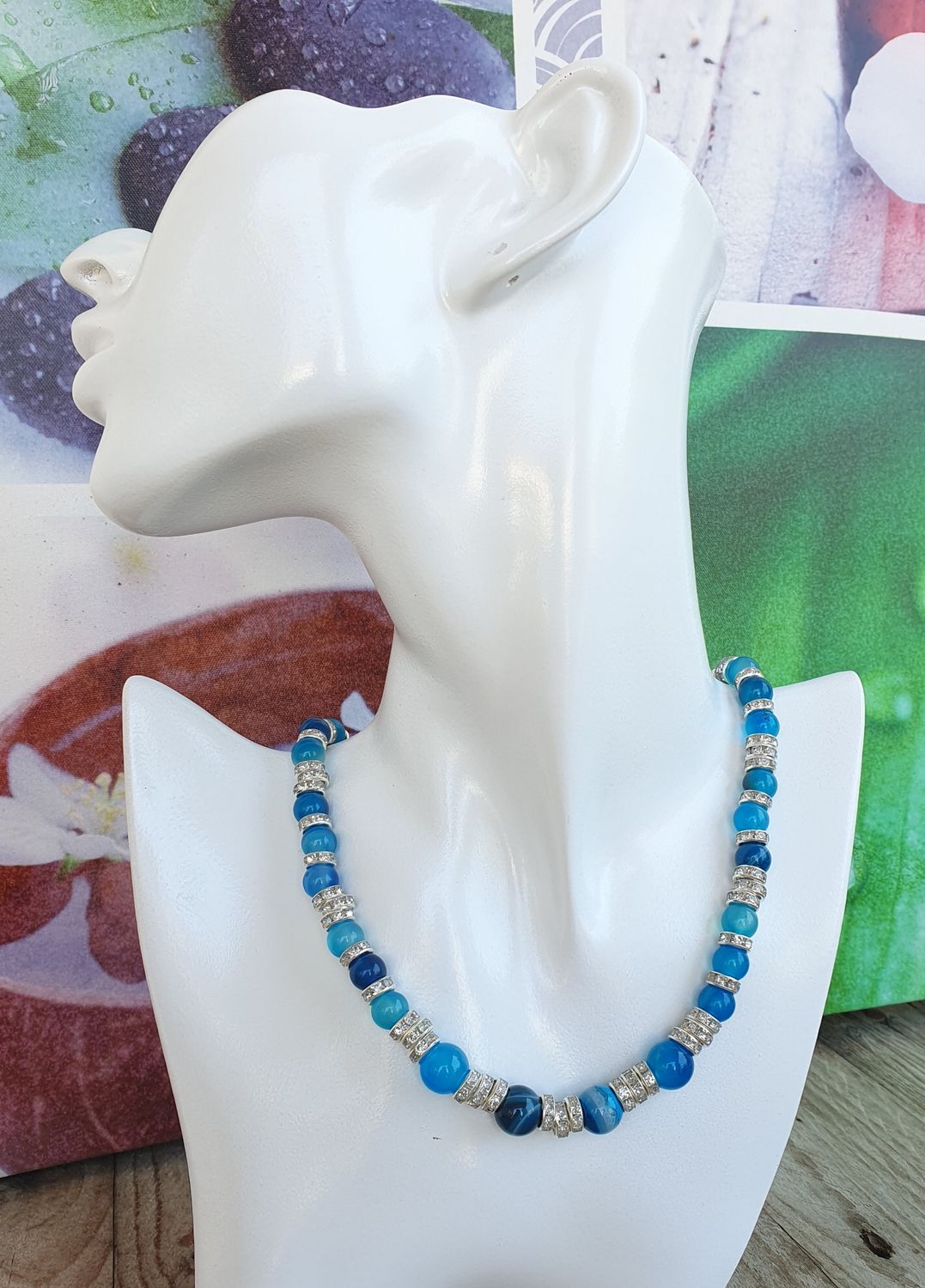 Collier strass agate bleue argenté 