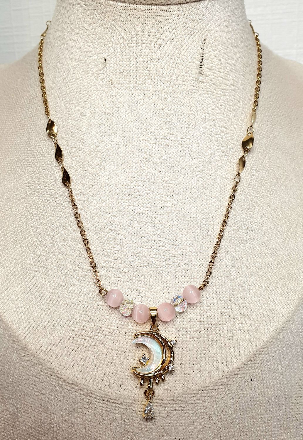 Collier Clair de Lune Oeil de chat rose 