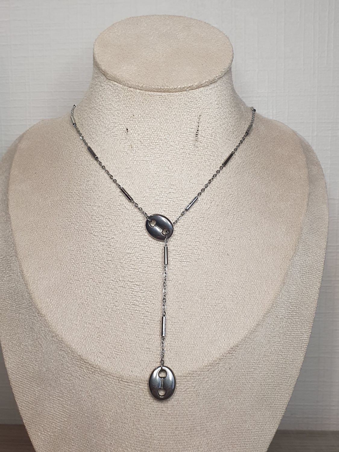 Collier Y Coulissant Grain de café argenté 