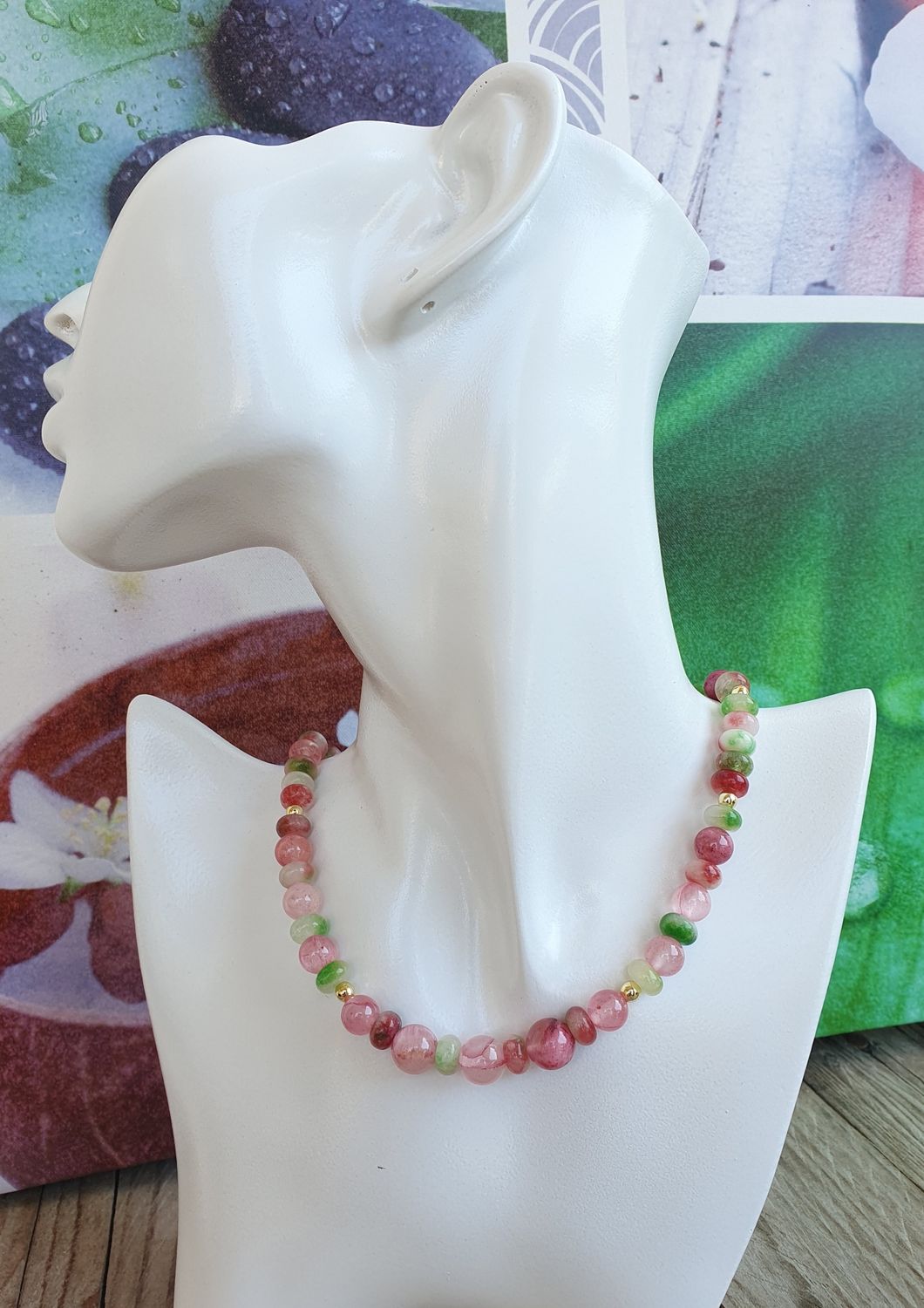 Collier jade teinté pastèque &amp; cerise 