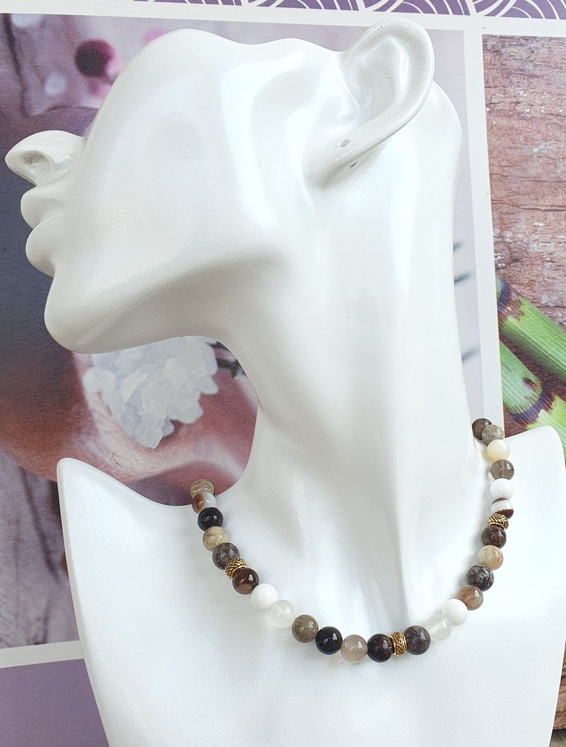 Collier Mélange Pierre naturelle Beige Marron 8mm doré