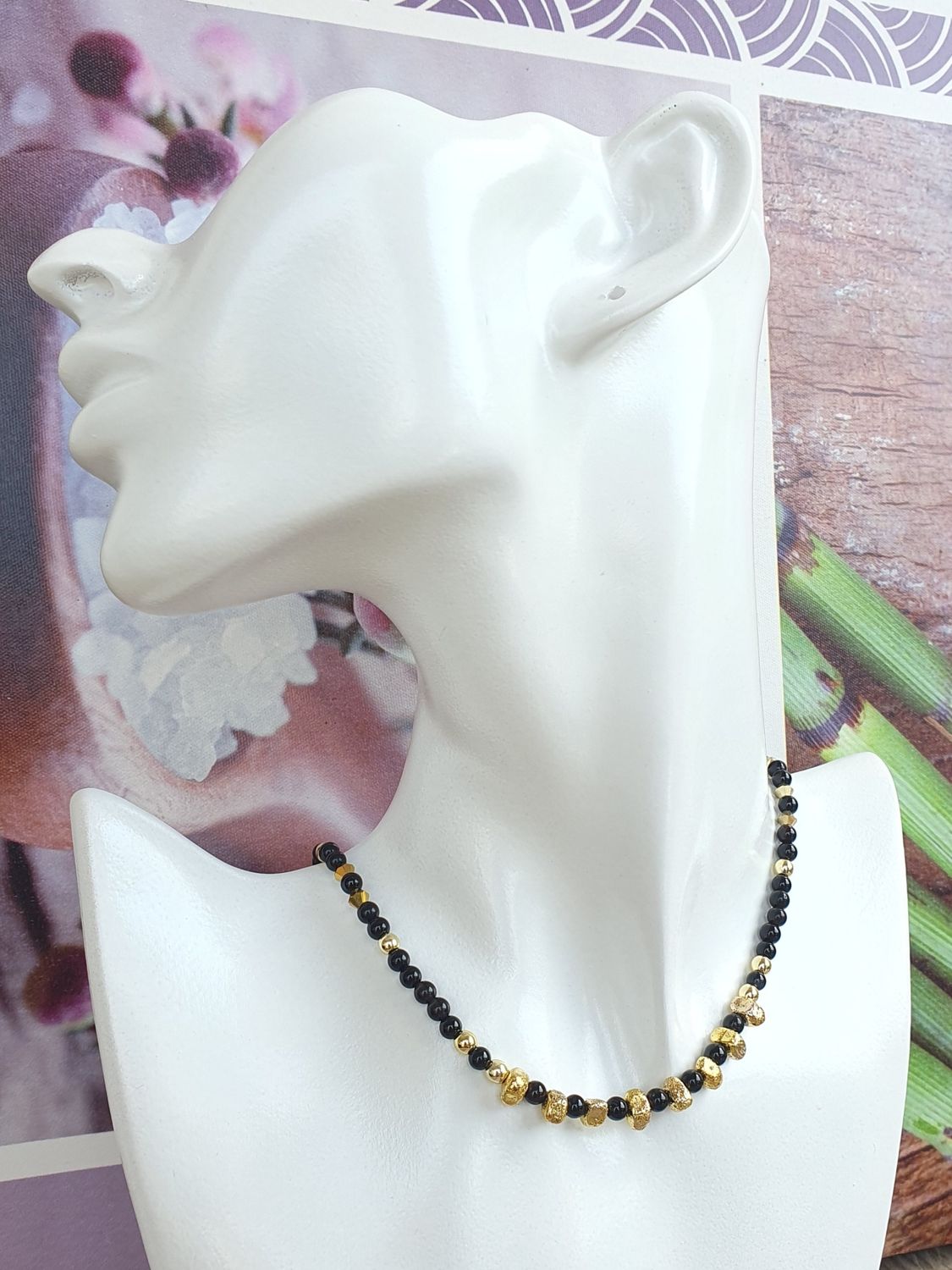 Collier Agate noire et pierre de lave doré 4 &amp; 6mm