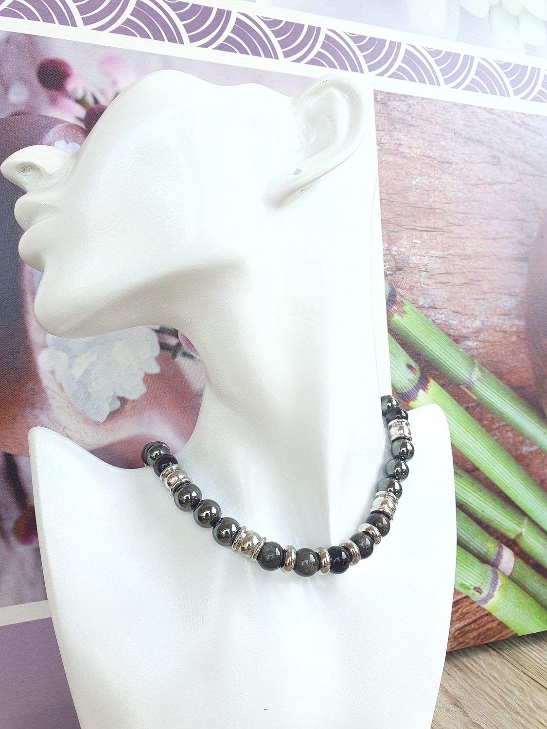 Collier Oeil de Chat &amp; Hématite 10mm argenté
