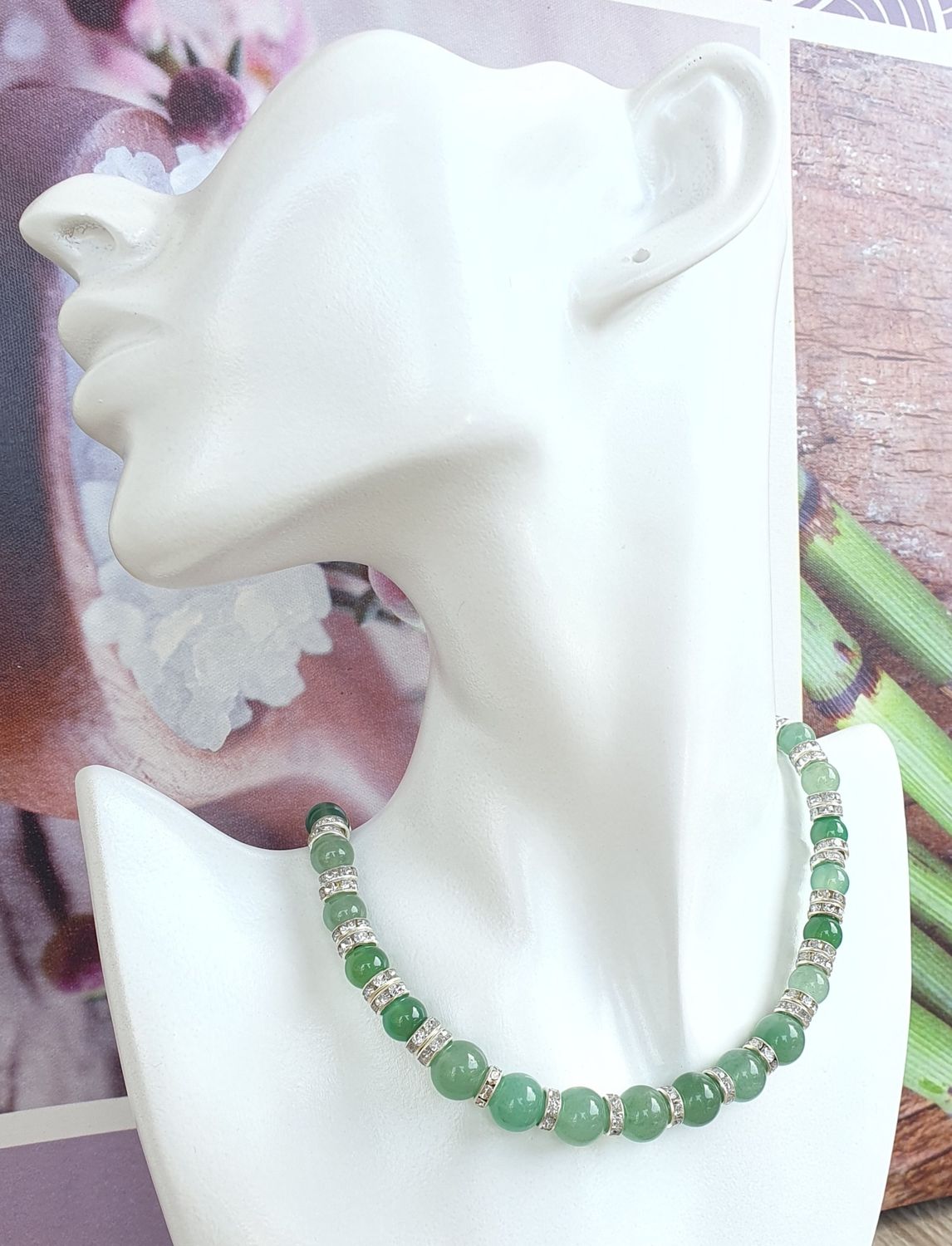 Collier Agate teintée verte &amp; Aventurine 8mm argenté
