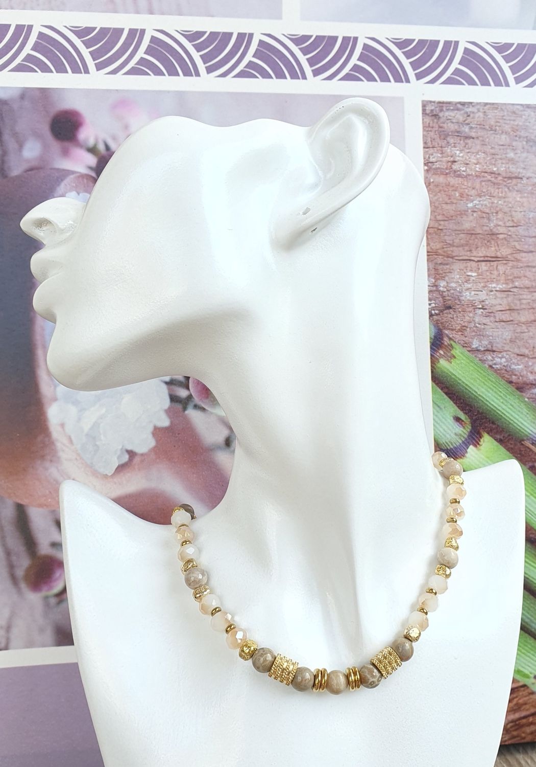Collier Agate Fossile &amp; Perles de verre