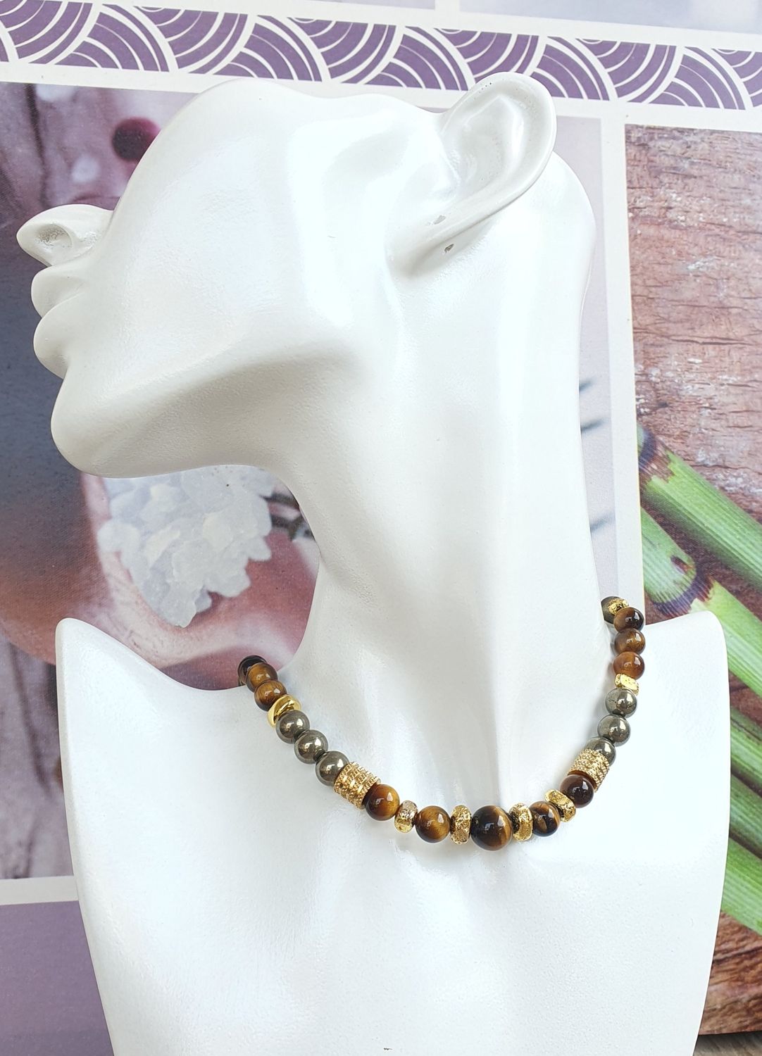 Collier Oeil de Tigre AA &amp; Pyrite Doré