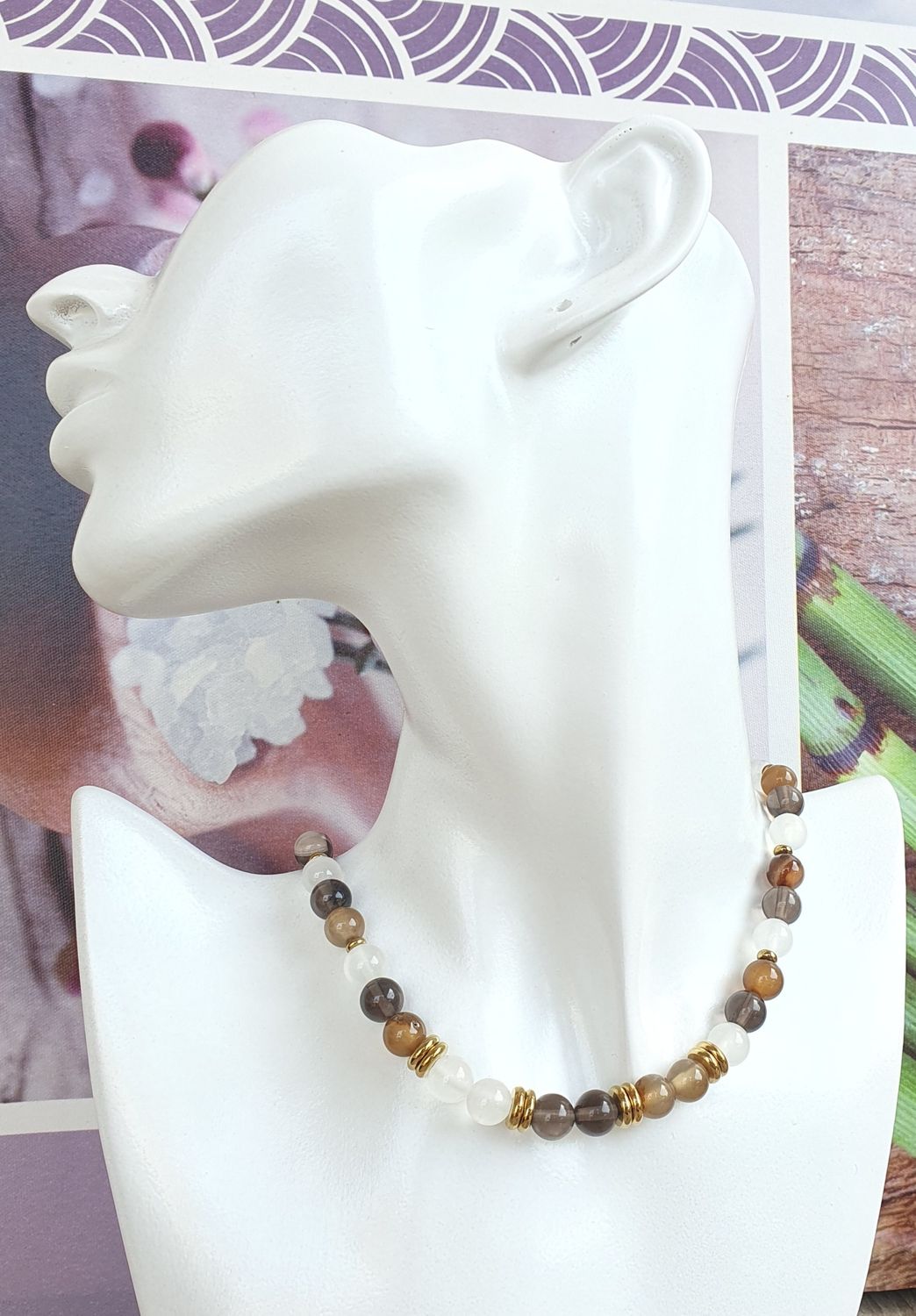 Collier Quartz fumé, Sélénite &amp; Agate Marron doré