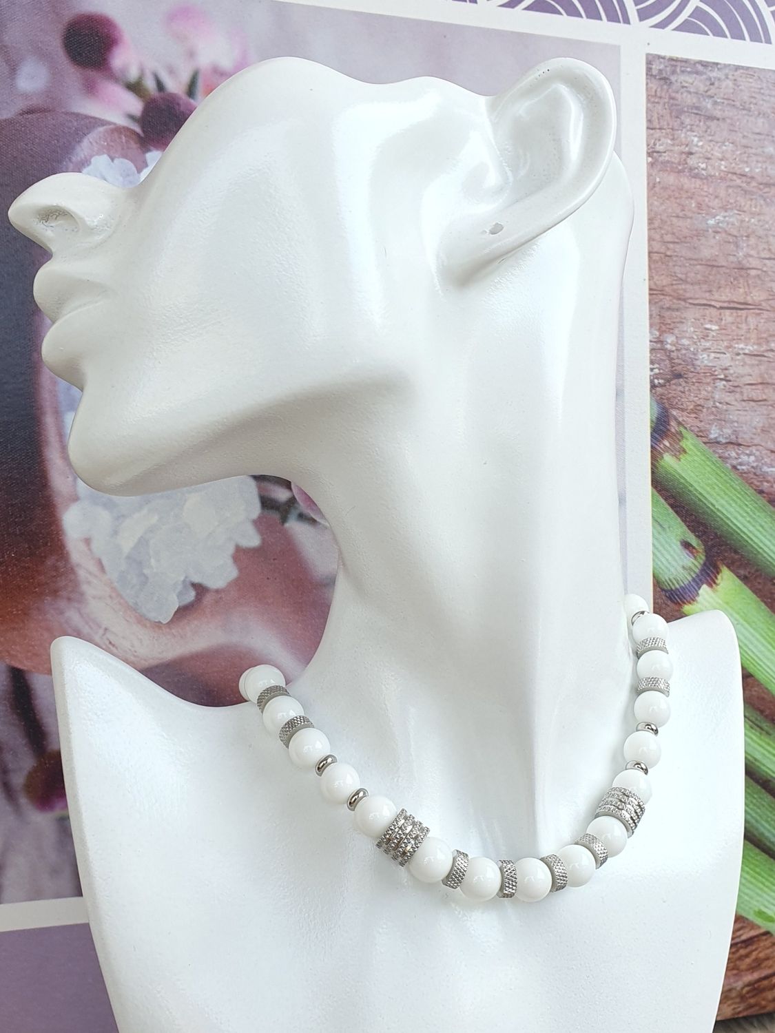 Collier Agate Blanche 10mm Argenté