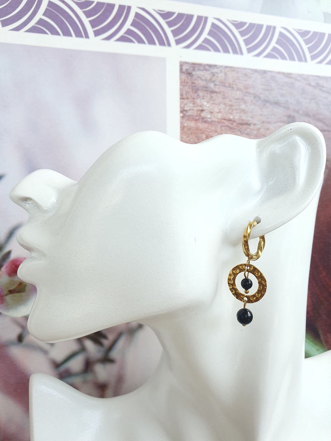 Boucles d'oreilles Agate noire &amp; Doré