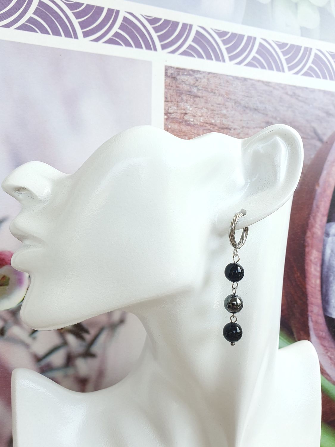 Boucles d'oreilles Agate noire &amp; Hématite