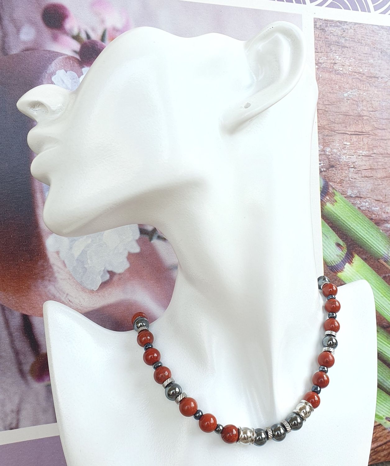 Collier Jaspe Rouge &amp; Hématite 8mm