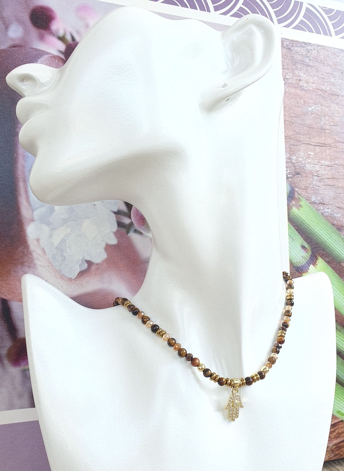 Collier Oeil de tigre A+ &amp; Perle de verre 4mm Pendentif plaqué or18k