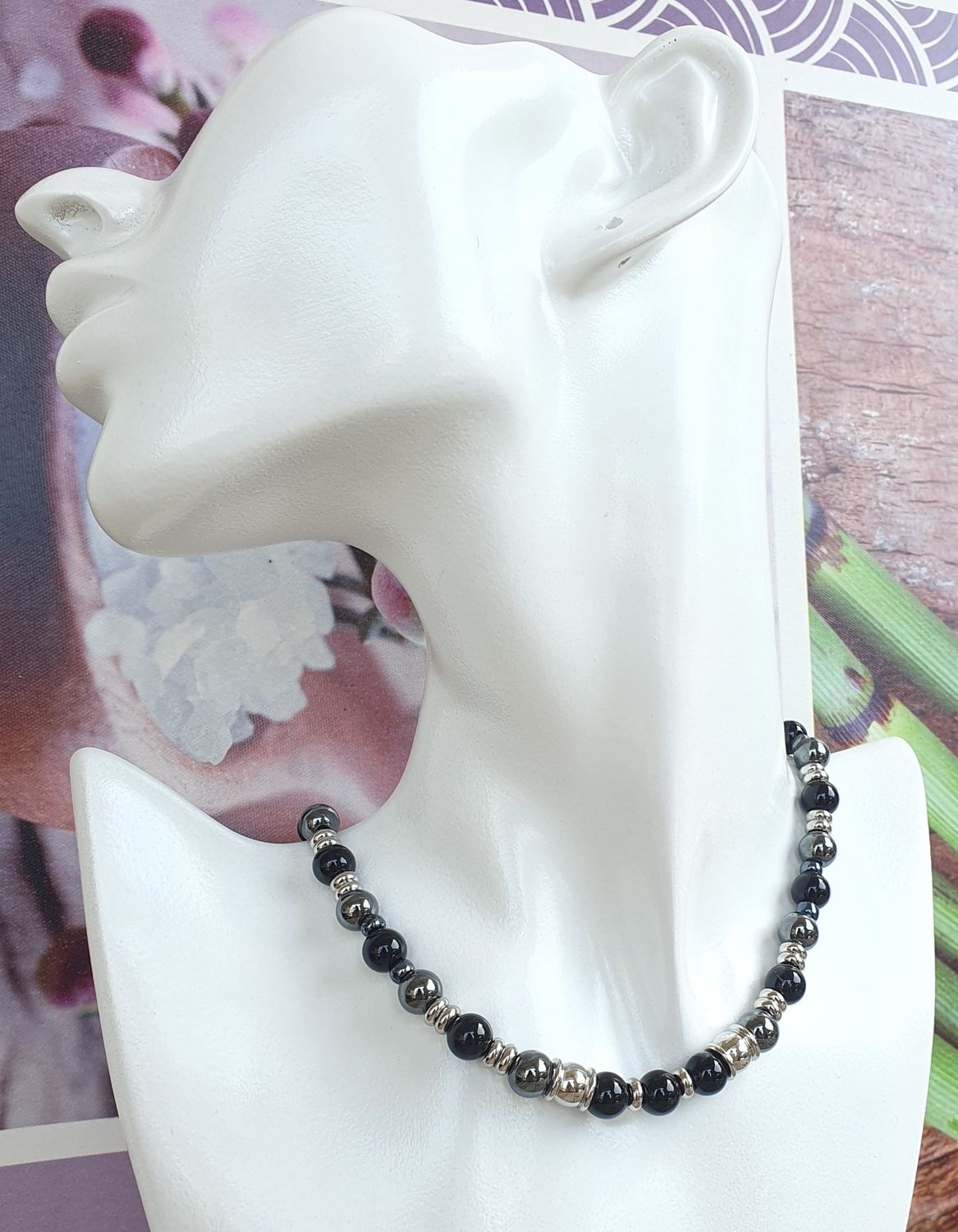 Collier Agate Noire &amp; Hématite 8mm argenté