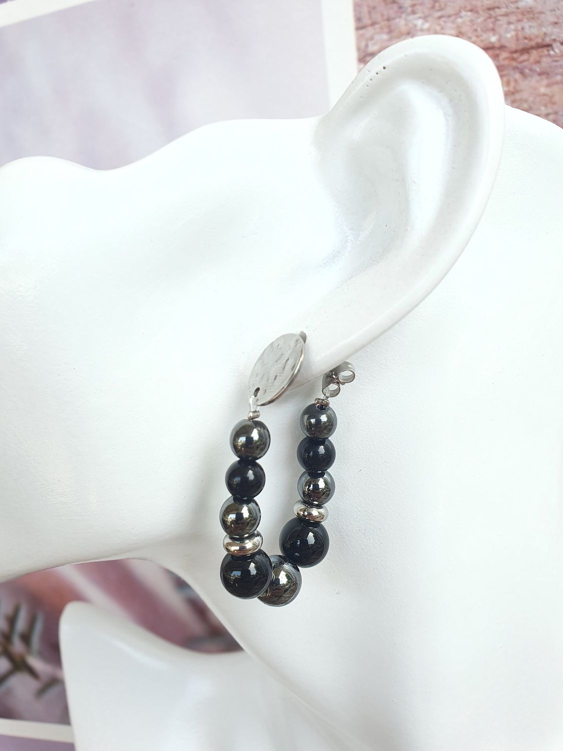 Boucles d'oreilles Créoles Agate noire &amp; Hématite