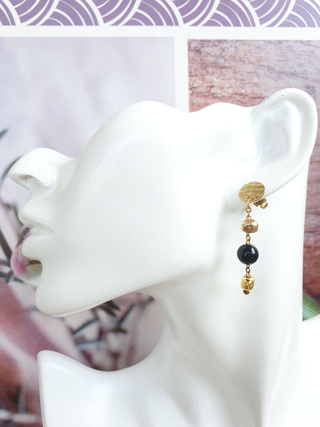 Boucles d'oreilles Agate noire &amp; gold