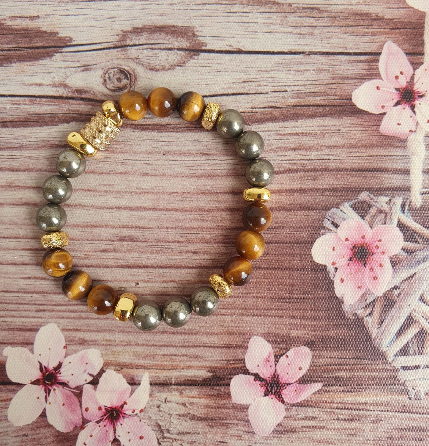 Bracelet Oeil de Tigre &amp; Pyrite 8mm