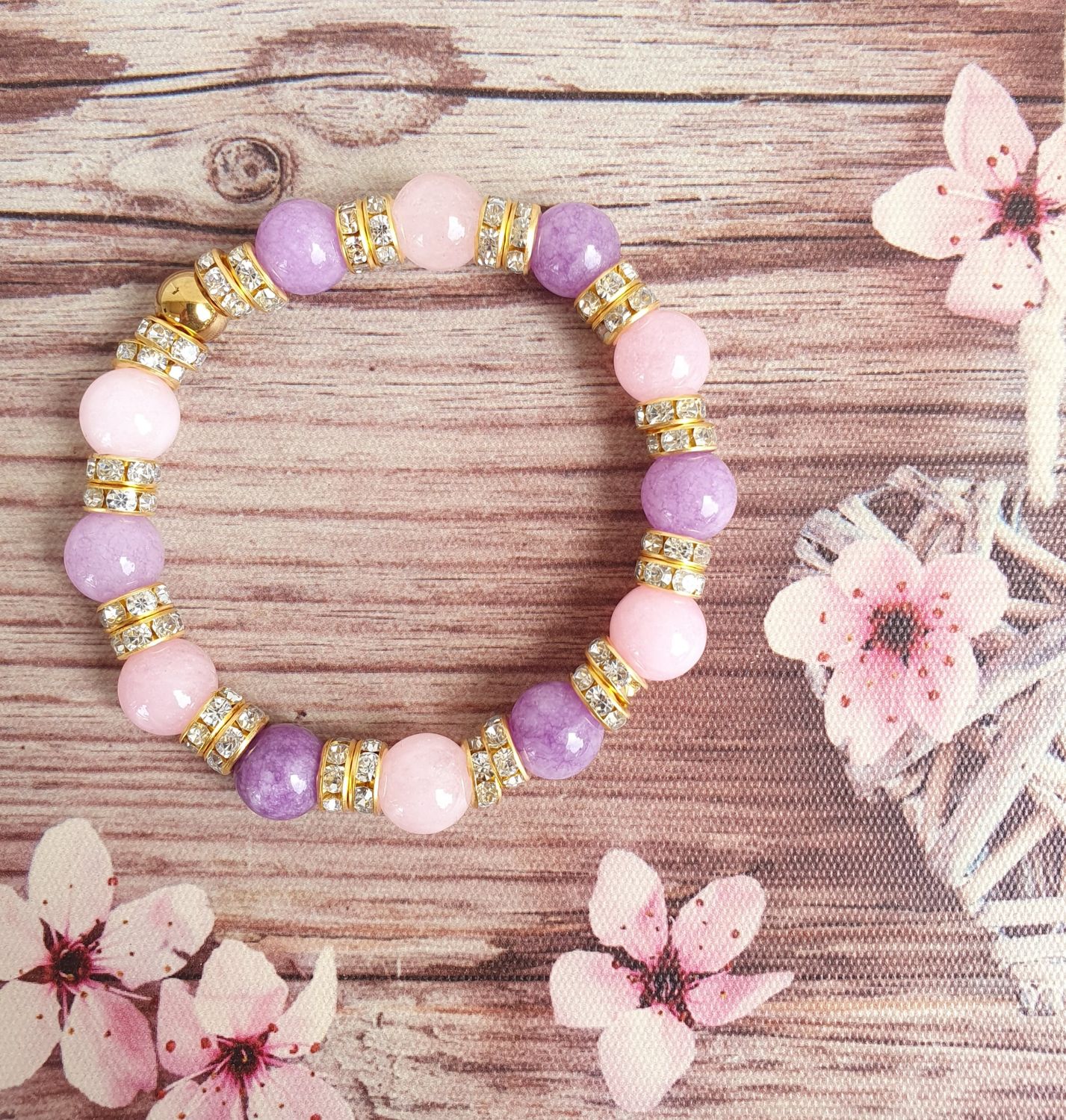 Bracelet Jade Teintée Violette et quartz rose doré 10mm