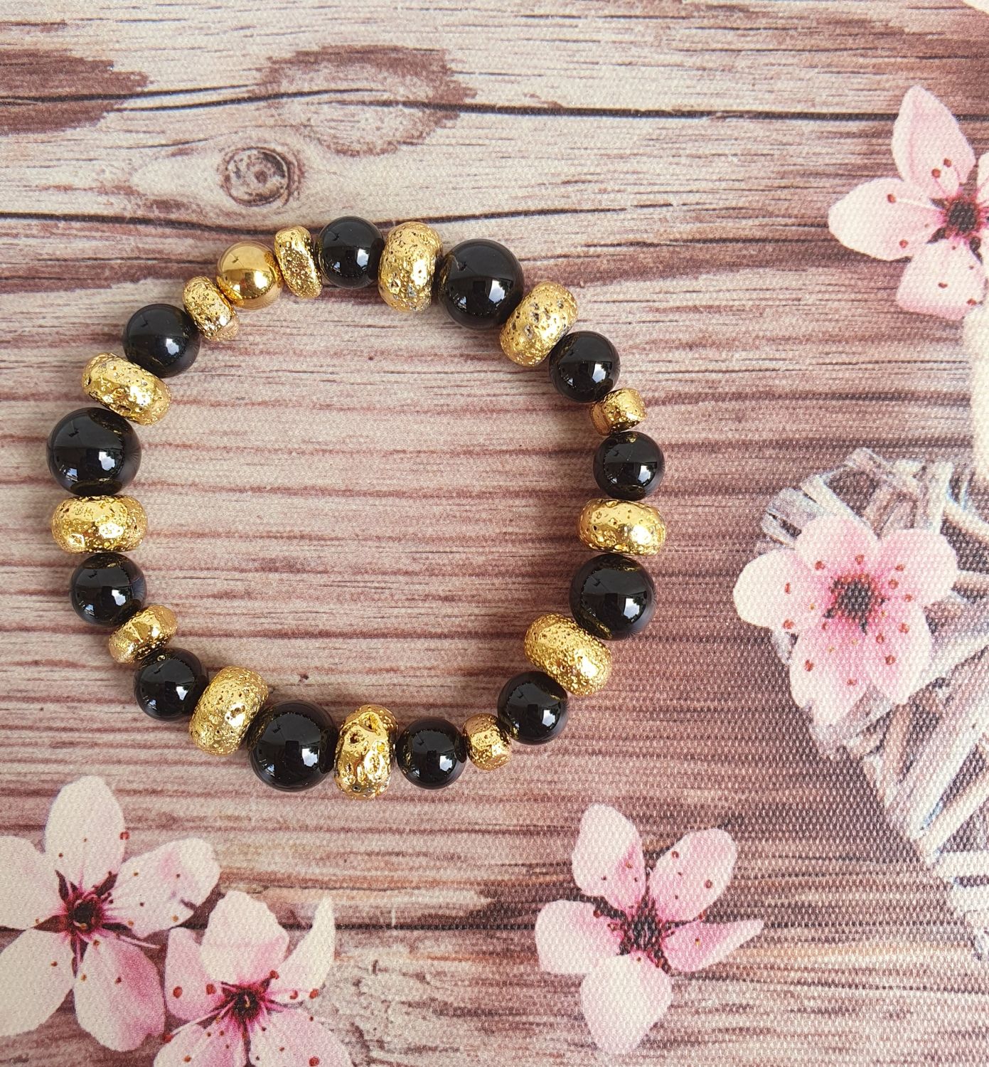 Bracelet Agate Noire 8 &amp; 10mm doré