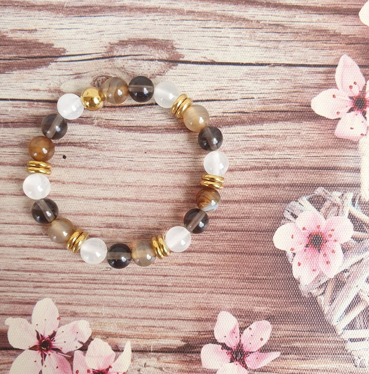 Bracelet Quartz fumé, sélénite &amp; Agate marron