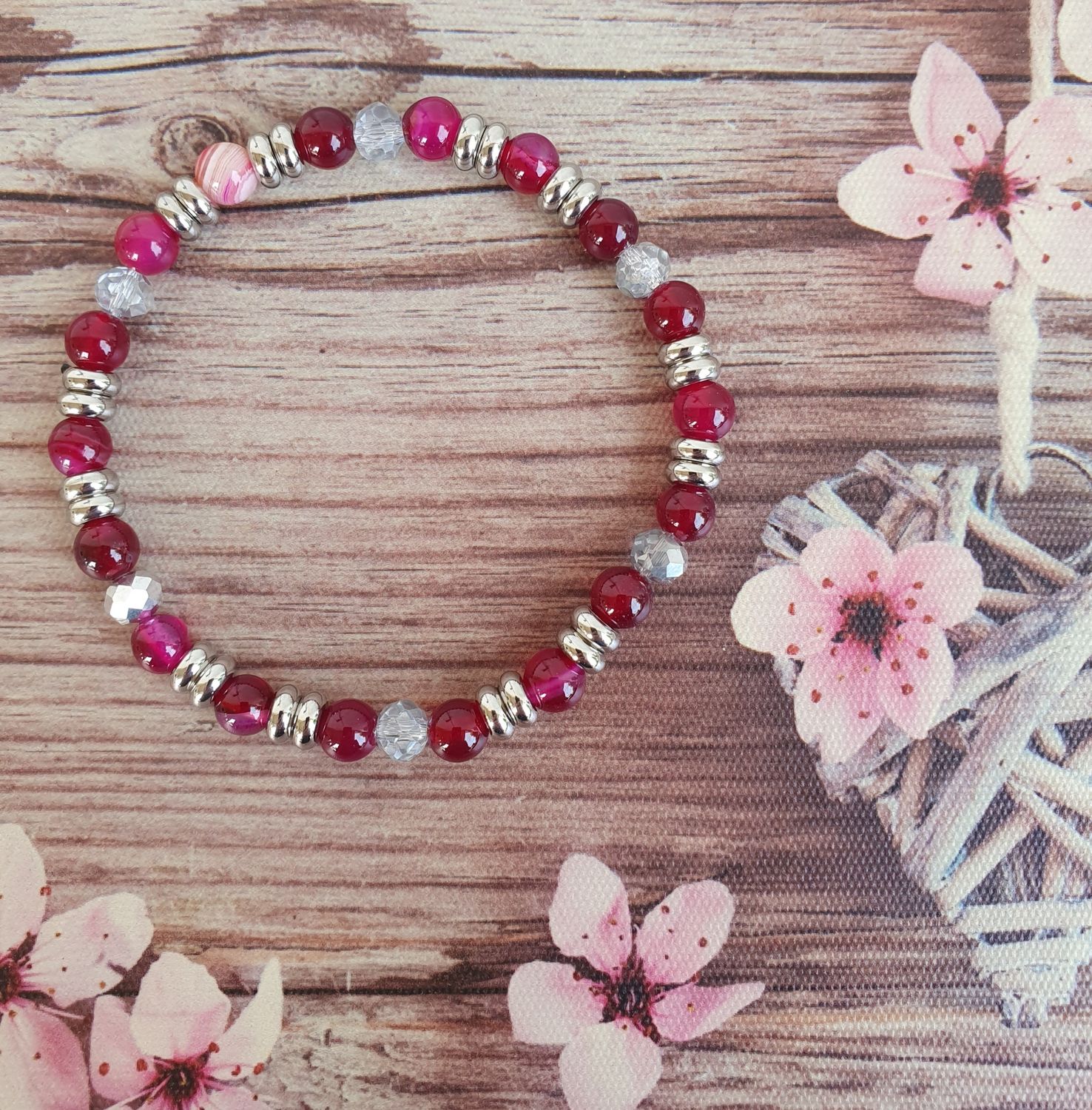 Bracelet 6mm Agate rose fushia