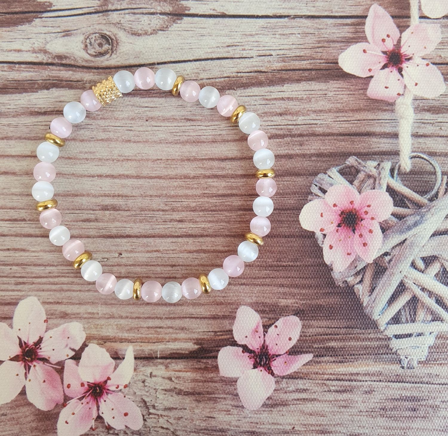 Bracelet 6mm sélénite rose et blanche