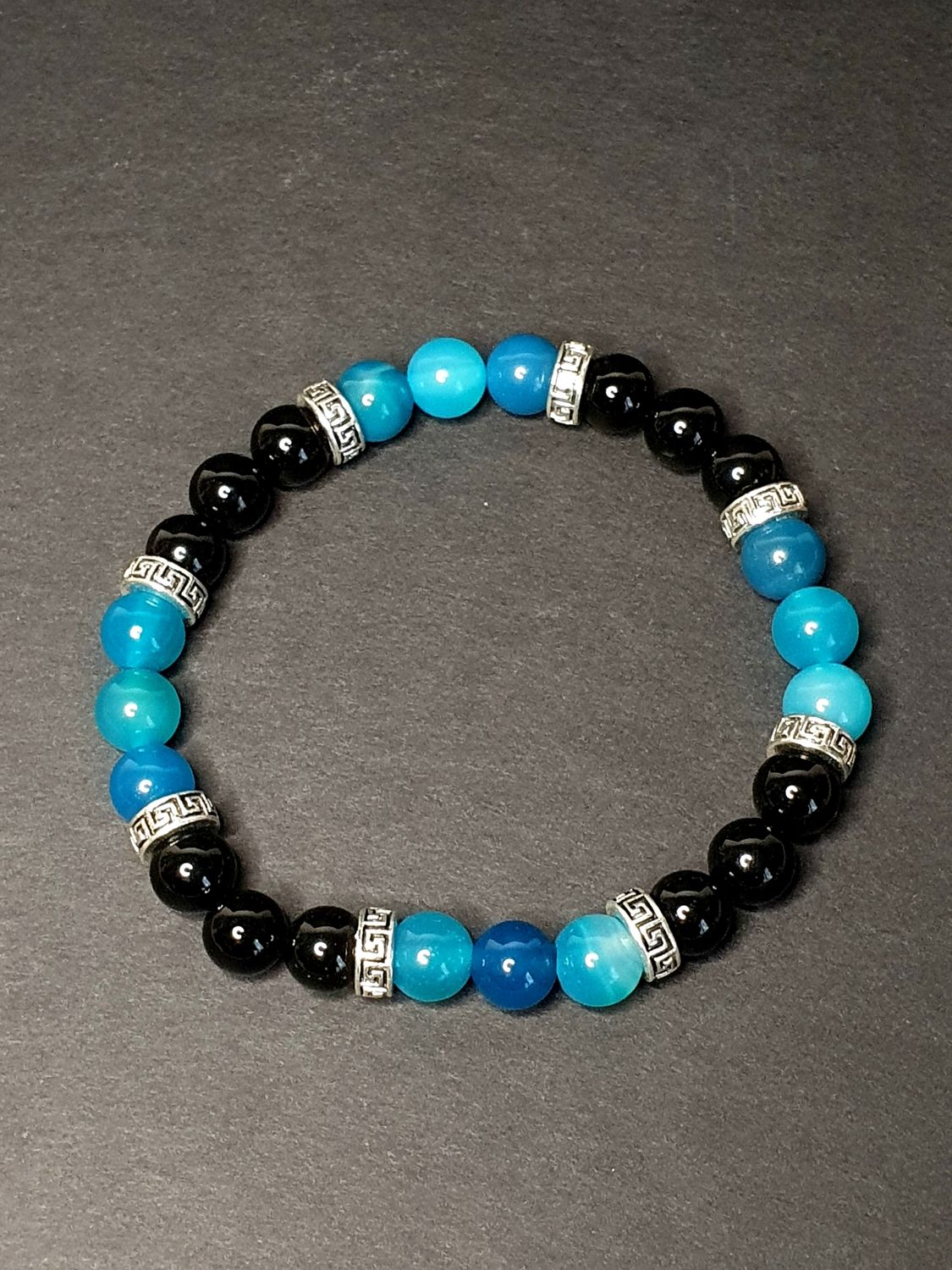 Bracelet Homme Obsidienne Noire &amp; Agate Bleu 8mm