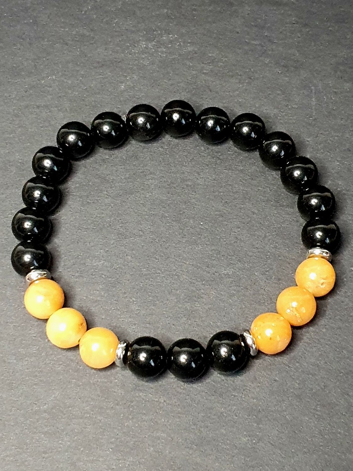 Bracelet Homme Obsidienne Noire &amp; Agate Orange 8mm
