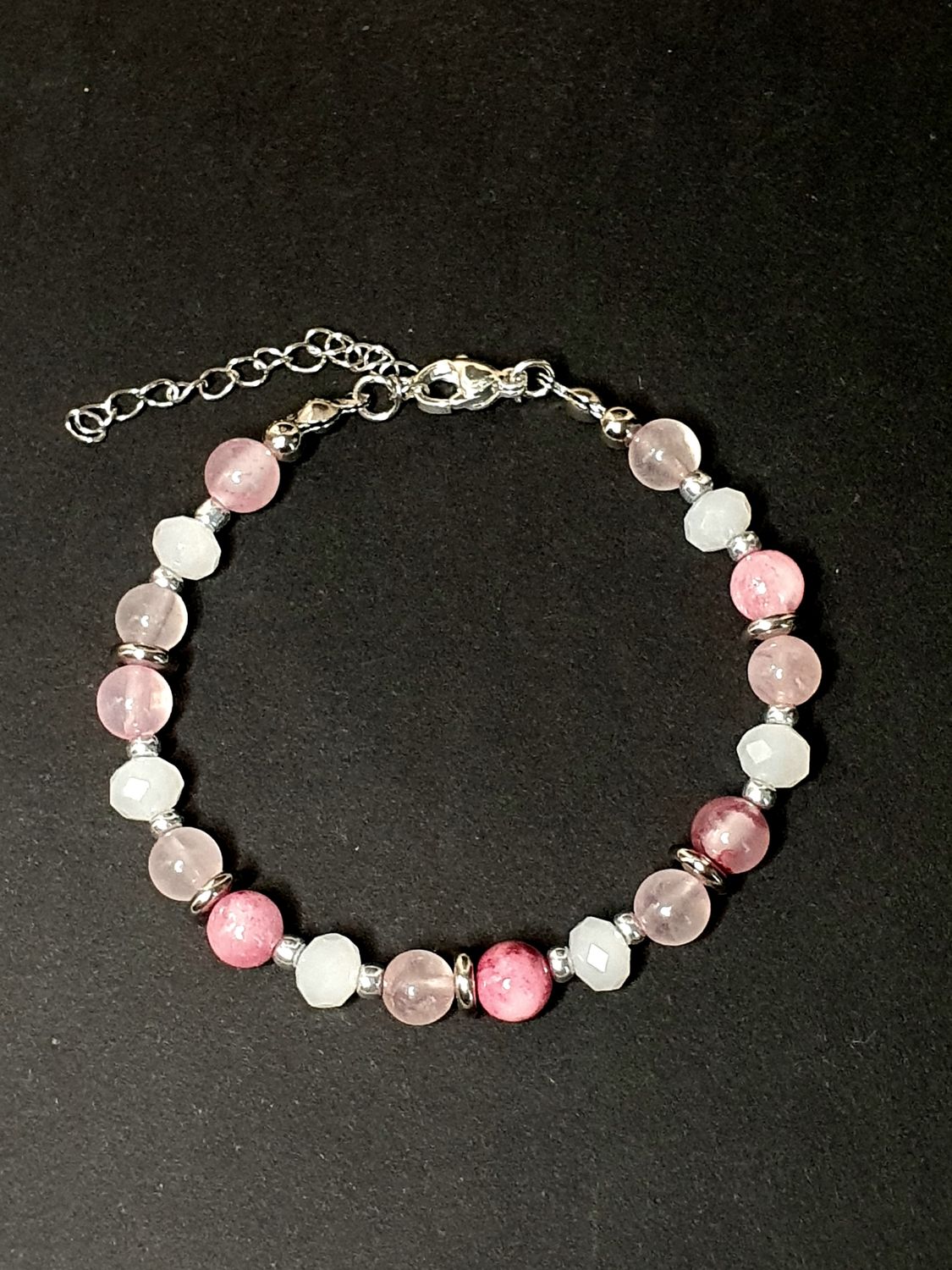 Bracelet jade cerisier - quartz rose- PdV blanc givré 