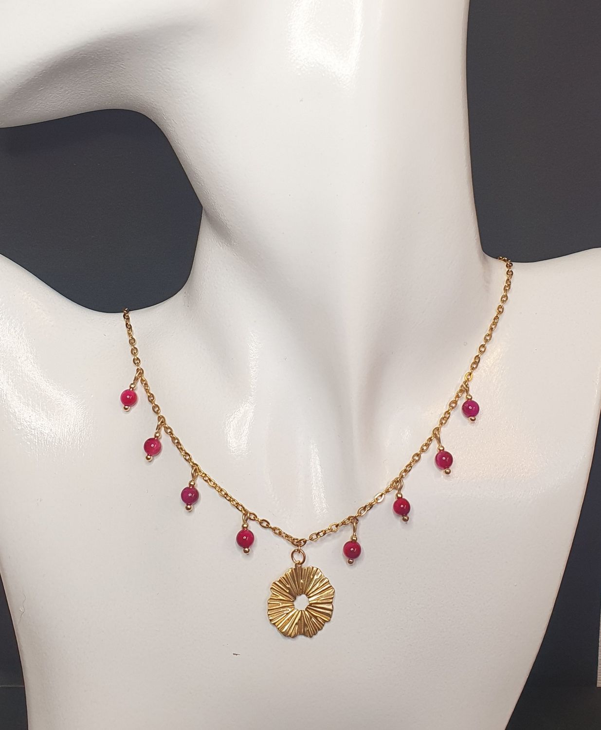 Collier Grelots Oeil de tigre rose fushia 