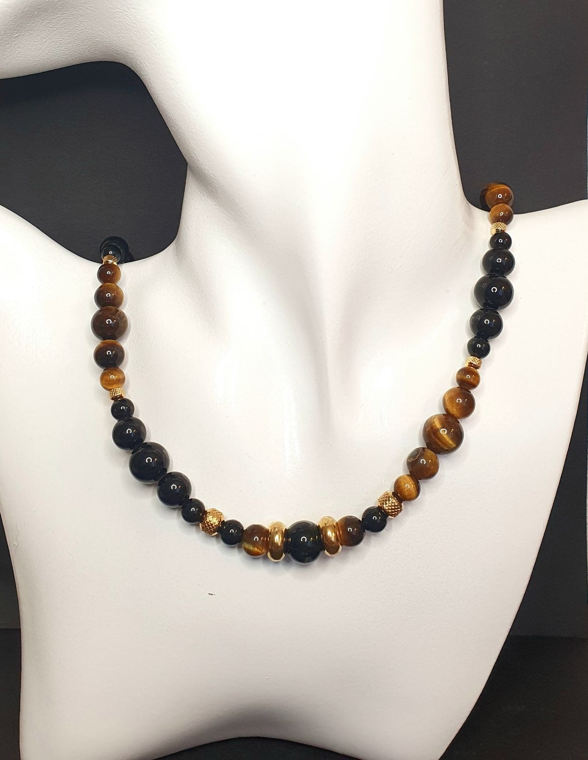 Collier XL Oeil de tigre &amp; Obsidienne noire