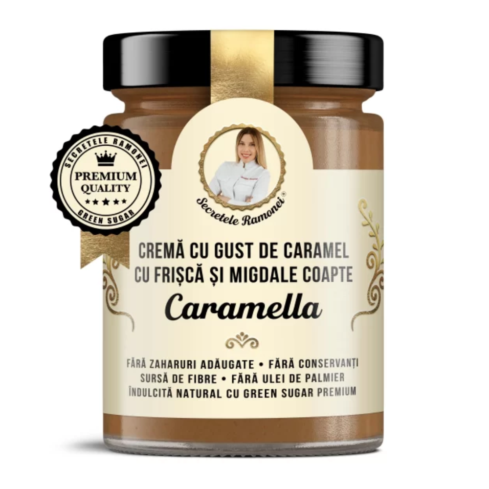 CARAMELLA – CREMĂ CU GUST DE CARAMEL, CU FRIȘCĂ ȘI MIGDALE COAPTE – 350g