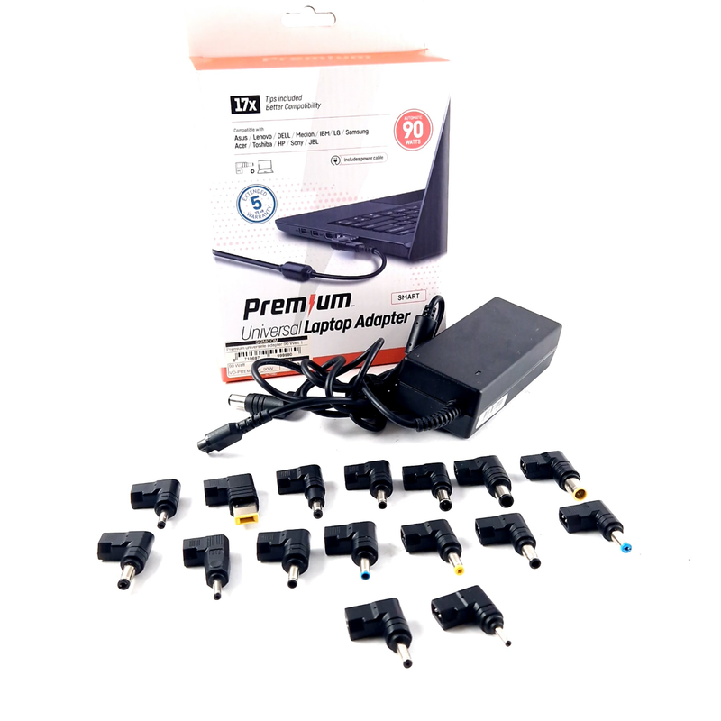 Premium Universele adapter,  Laptop Adapter, Incl. 17 Opzetstukjes, 90 Watt, Zwart/Black, Incl. Doosje, Incl. Bon Met Garantie 02-04-2030  | In Nette Staat