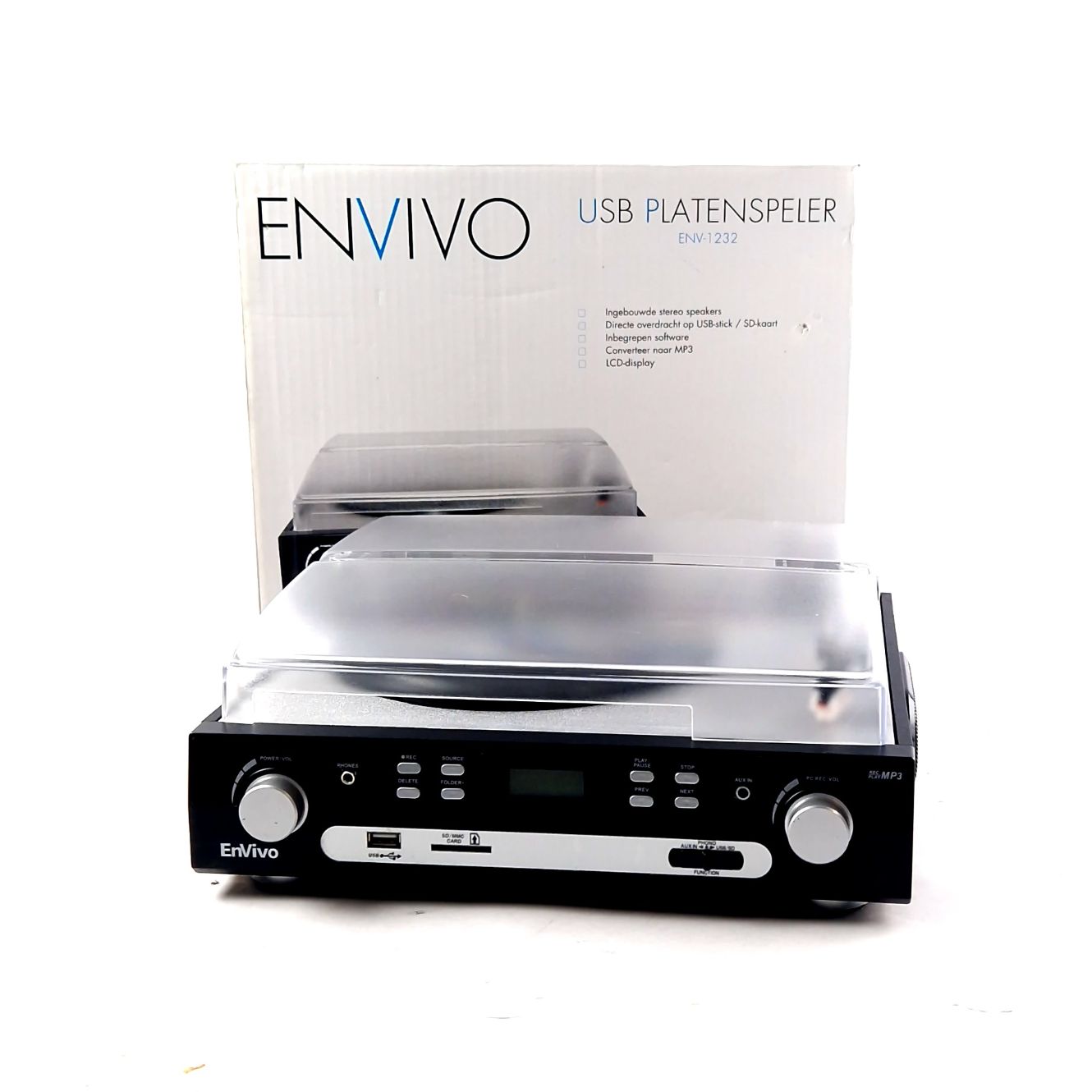 Envivo, ENV-1232, PlatenSpeler, USB, Phono, 33,45.78 RPM. Zwart/Black, Incl Doos |In Nette Staat