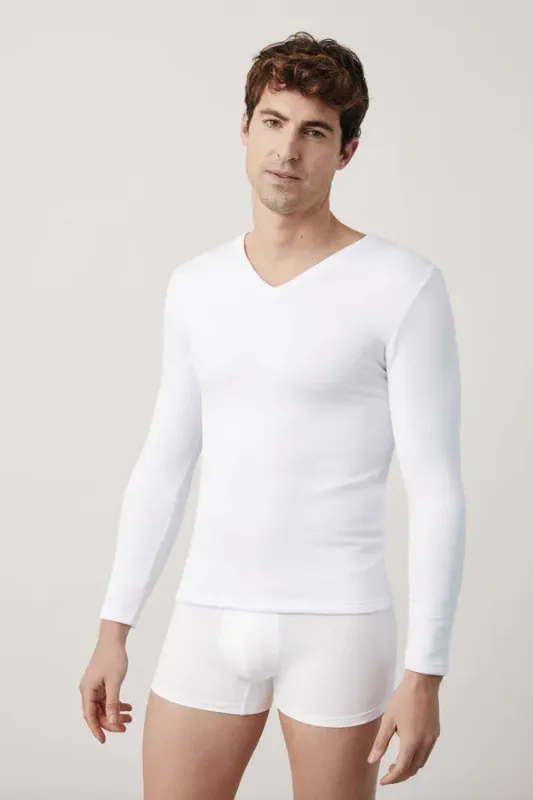 Camiseta interior térmica cuello pico manga larga blanco