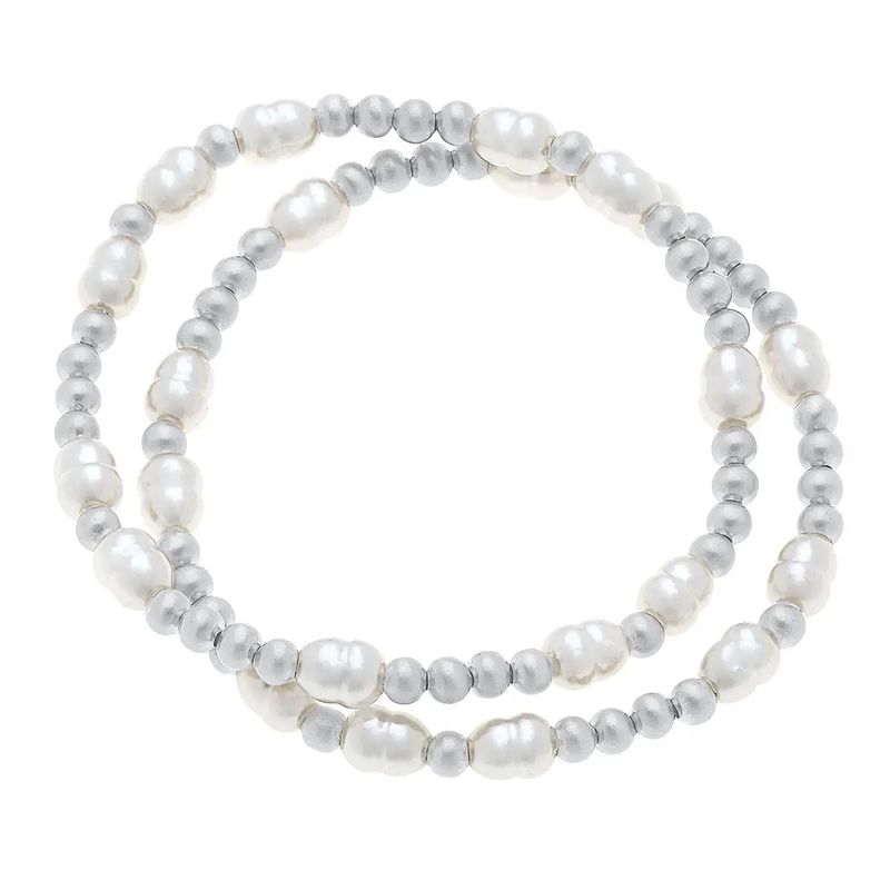 Silver Bead &amp; Pearl Stretch Bracelet