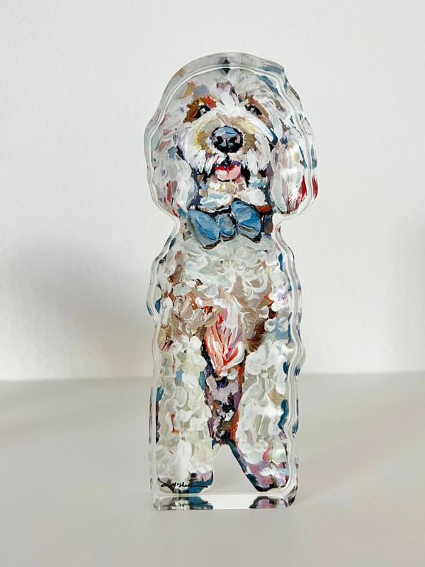 Golden Doodle Acrylic - Blue Bow