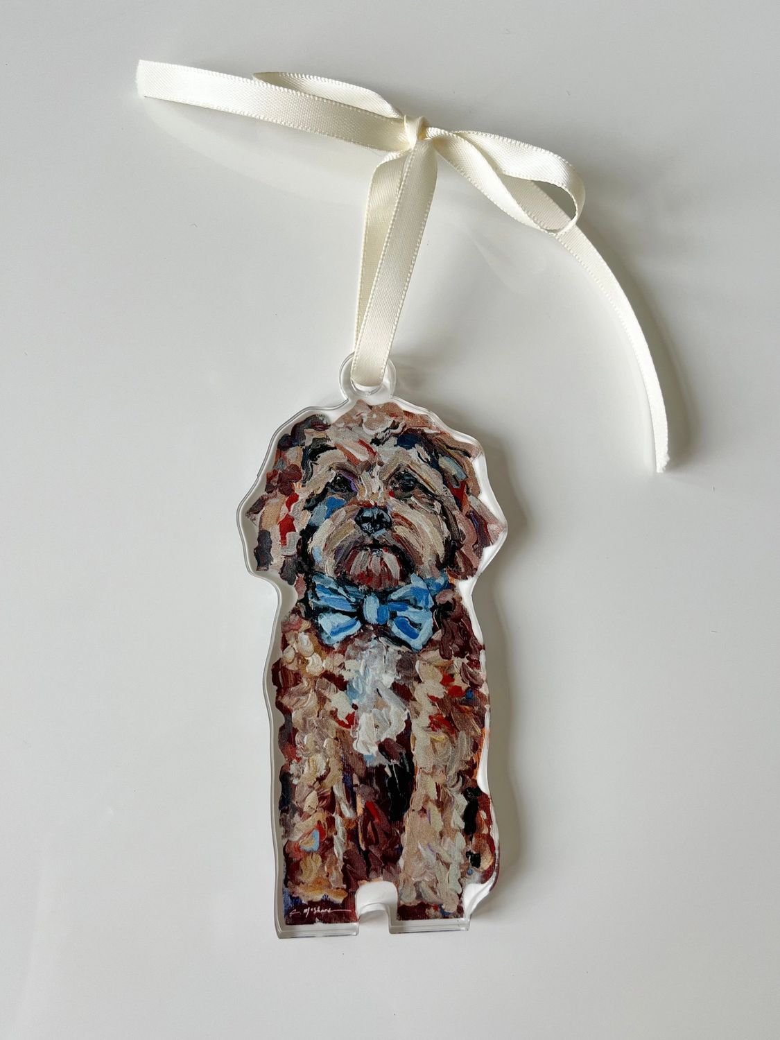 Cavapoo Acrylic Ornament - Blue Bow