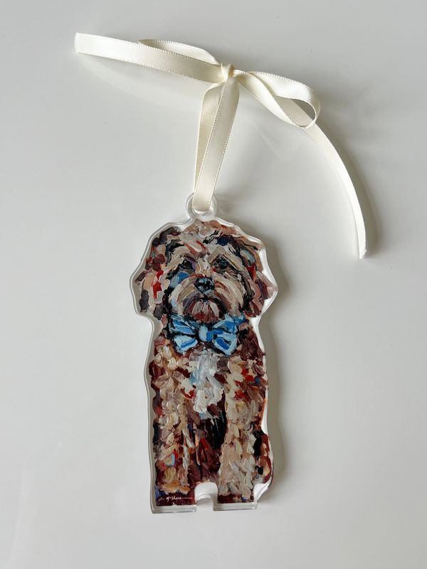 Cavapoo Acrylic Ornament - Blue Bow