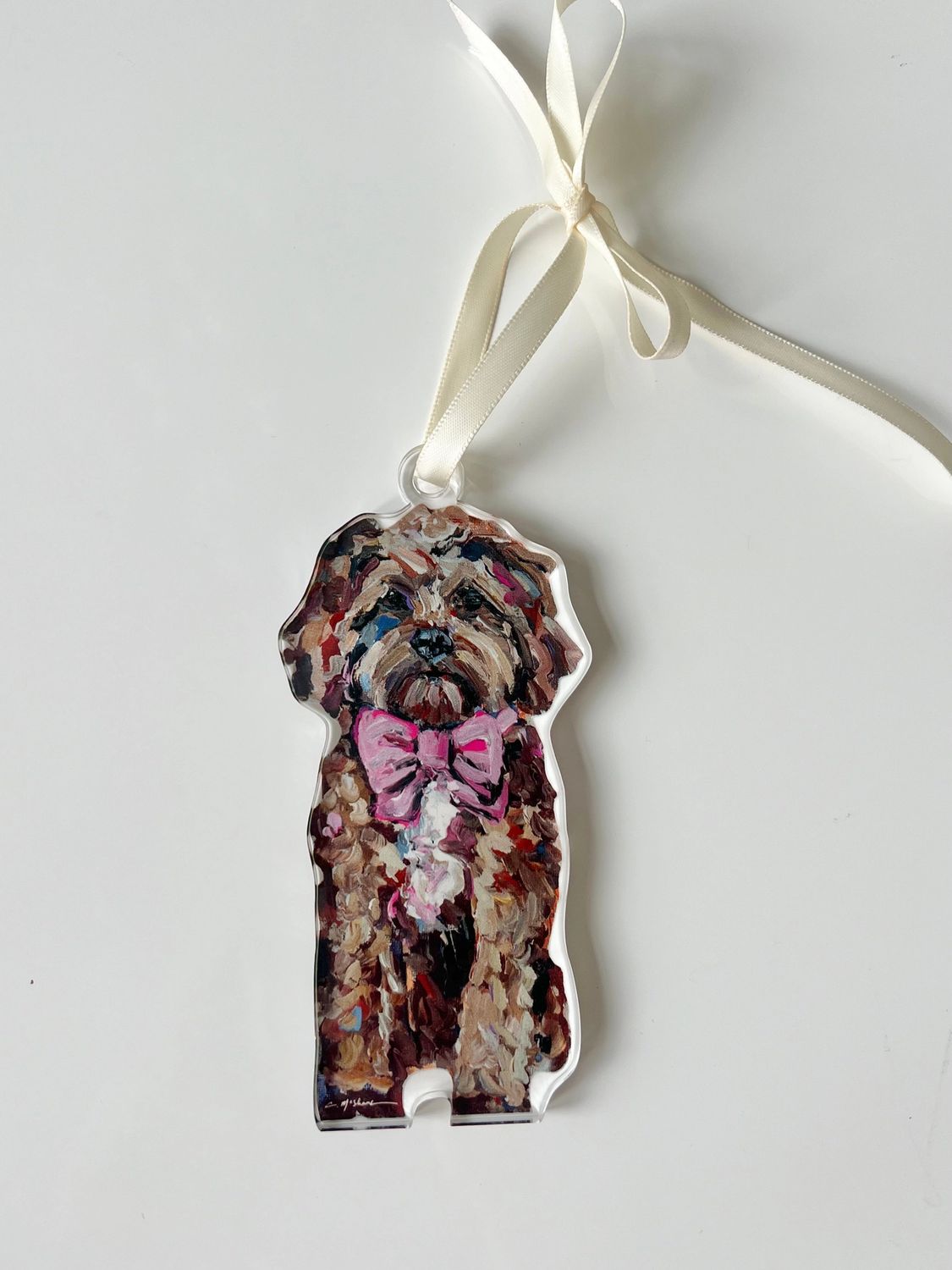 Cavapoo Acrylic Ornament - Pink Bow