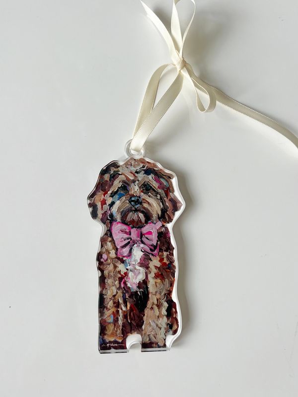Cavapoo Acrylic Ornament - Pink Bow