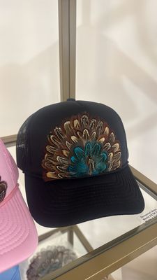 Feather Trucker Hat - Black & Turquoise
