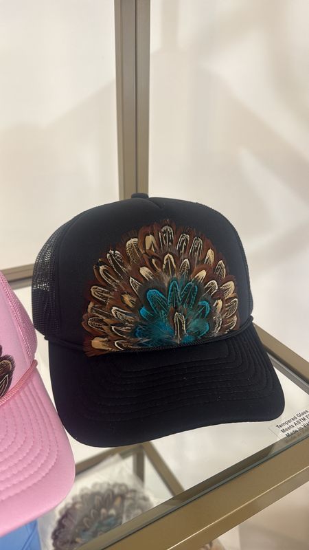 Feather Trucker Hat - Black &amp; Turquoise